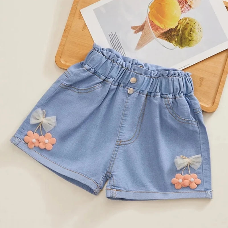 Kids Girls Korean Style Bow Design Denim Shorts and Skirts childrensterritory