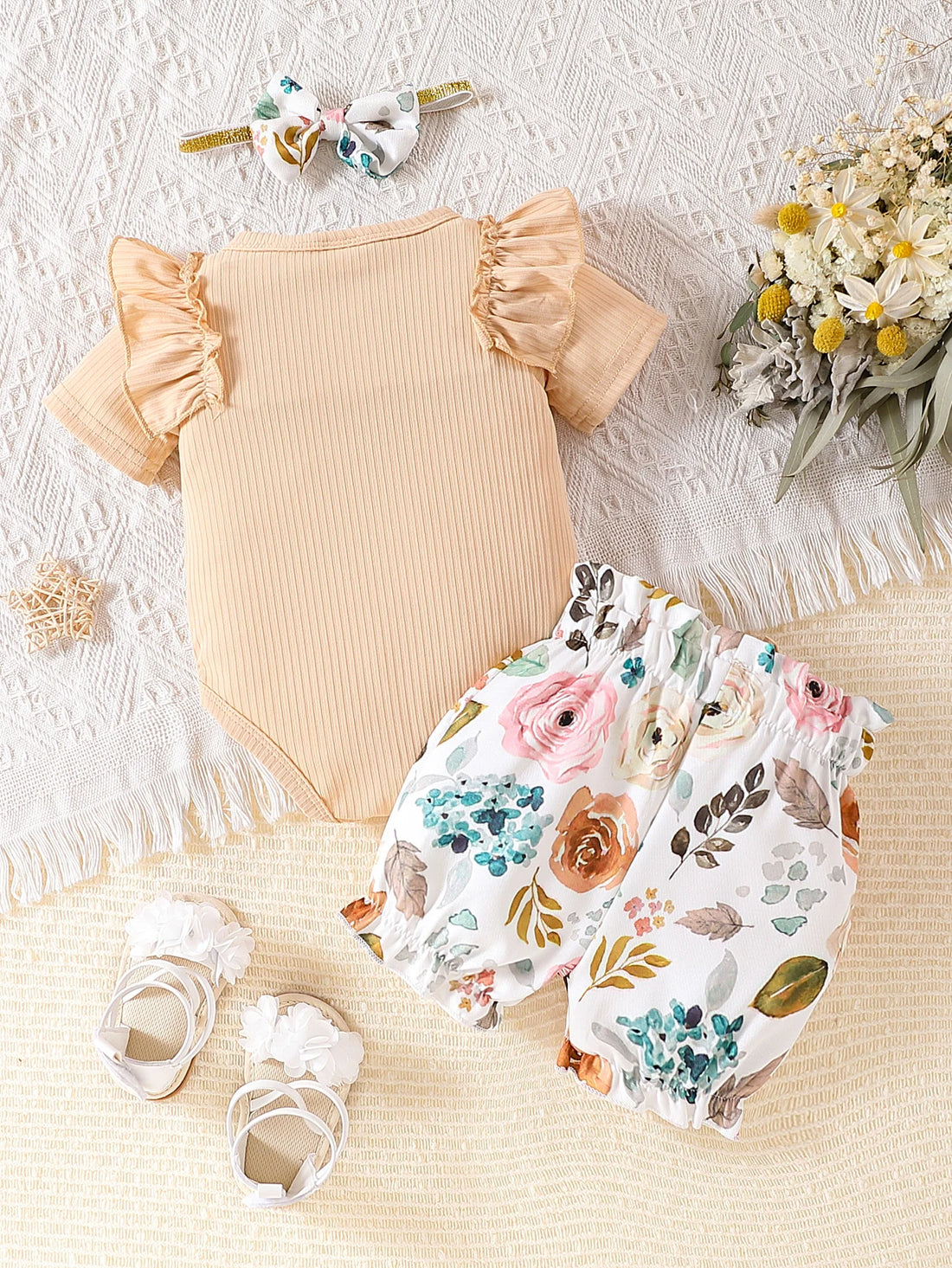 Baby Girl Bodysuit with Floral Shorts and Headband 3-Piece Outfit childrensterritory