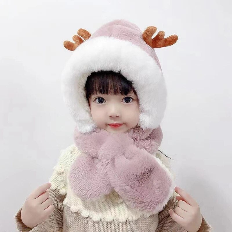 All In One Plush Windproof Deer Warm Hats for Kids childrensterritory