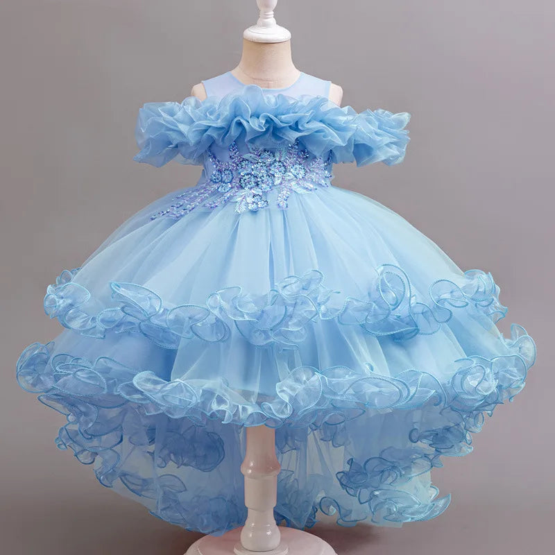 Kids Girls Soft Gauze Solid Color Party Desses with Trailing childrensterritory