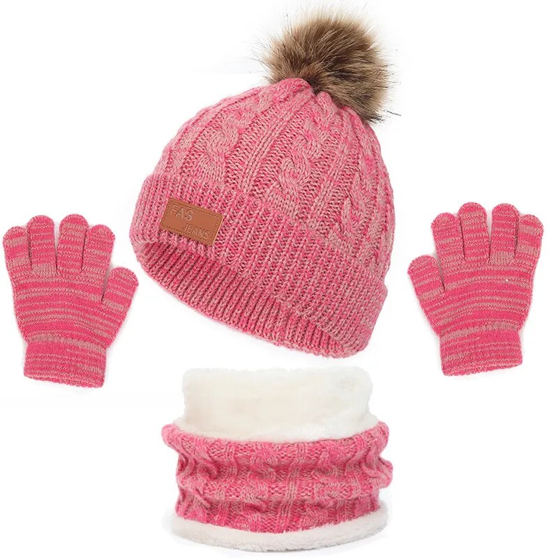 Toddler 3Pcs Cute Pompom Knitted Hats Scarf Gloves Set childrensterritory