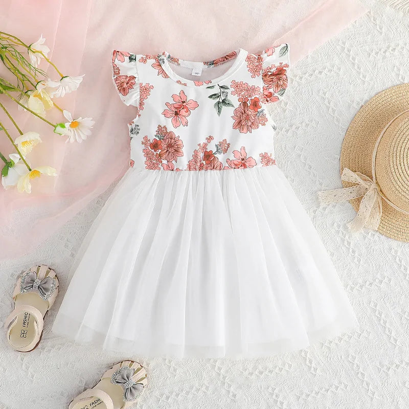 Flower Print Tulle Patchwork Kids Girls A-line Dress