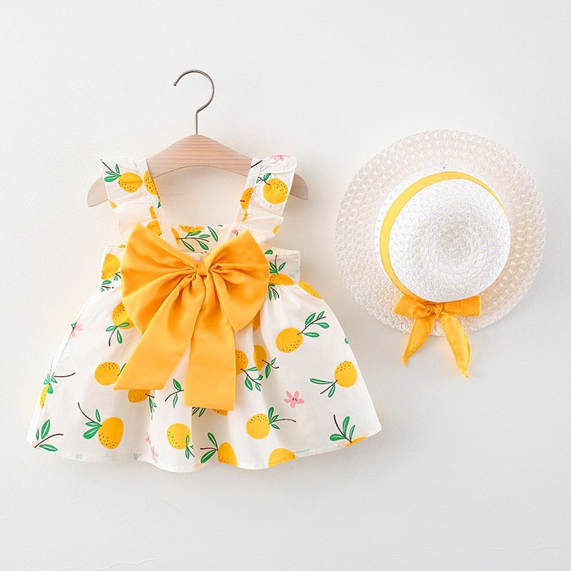 Baby Girl Floral Big Bow Designed Summer Dresses + Sunhat childrensterritory