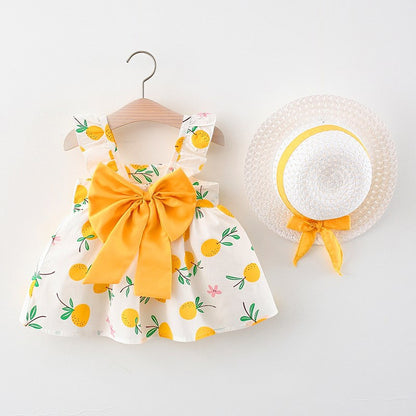 Baby Girl Floral Big Bow Designed Summer Dresses + Sunhat childrensterritory