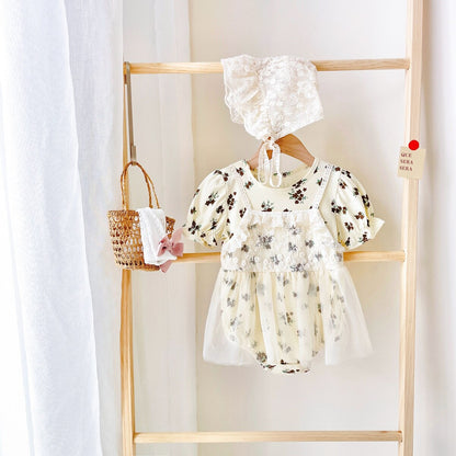 Short Sleeve Floral Lace Baby Girl Cotton Bodysuit with Hat childrensterritory