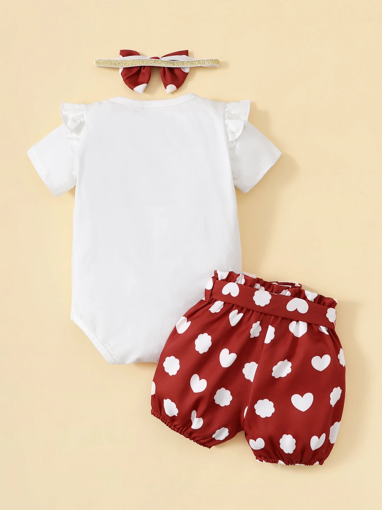3PCS Baby Girl Love Letter Print Bodysuit + Shorts Set