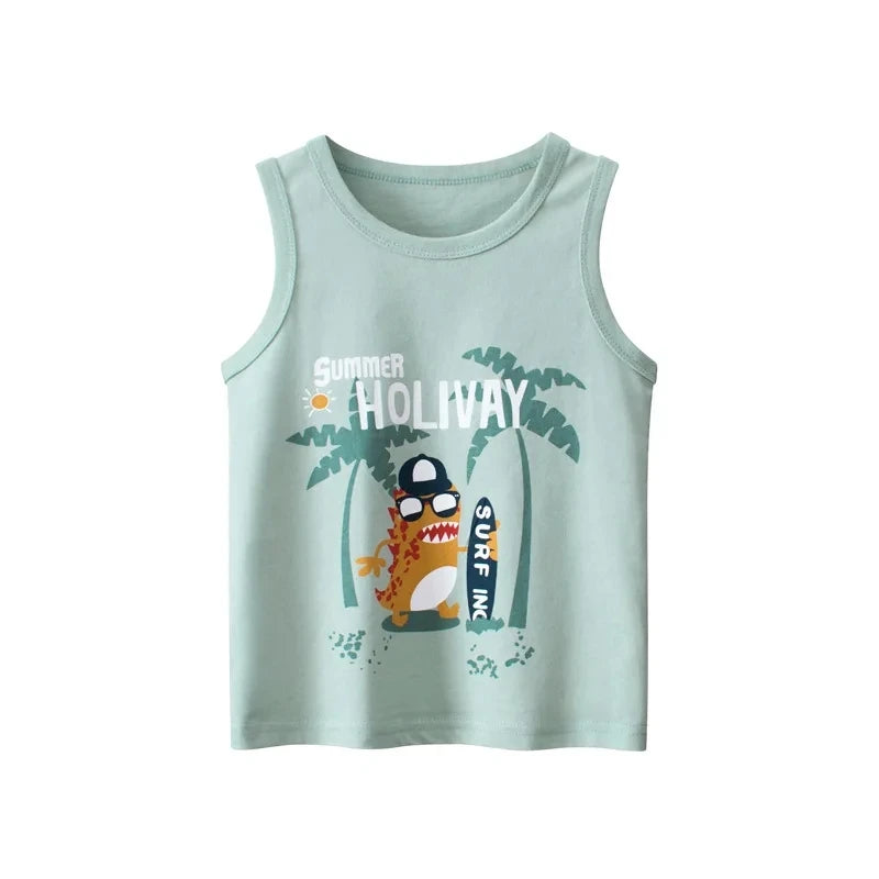 Cartoon Print  Sleeveless Vest Top + Shorts Summer Set for Kids Boys