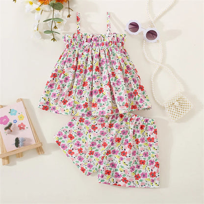 Baby Girls Fragmented Flower Strap Top+Chiffon Shorts Summer Outfit childrensterritory