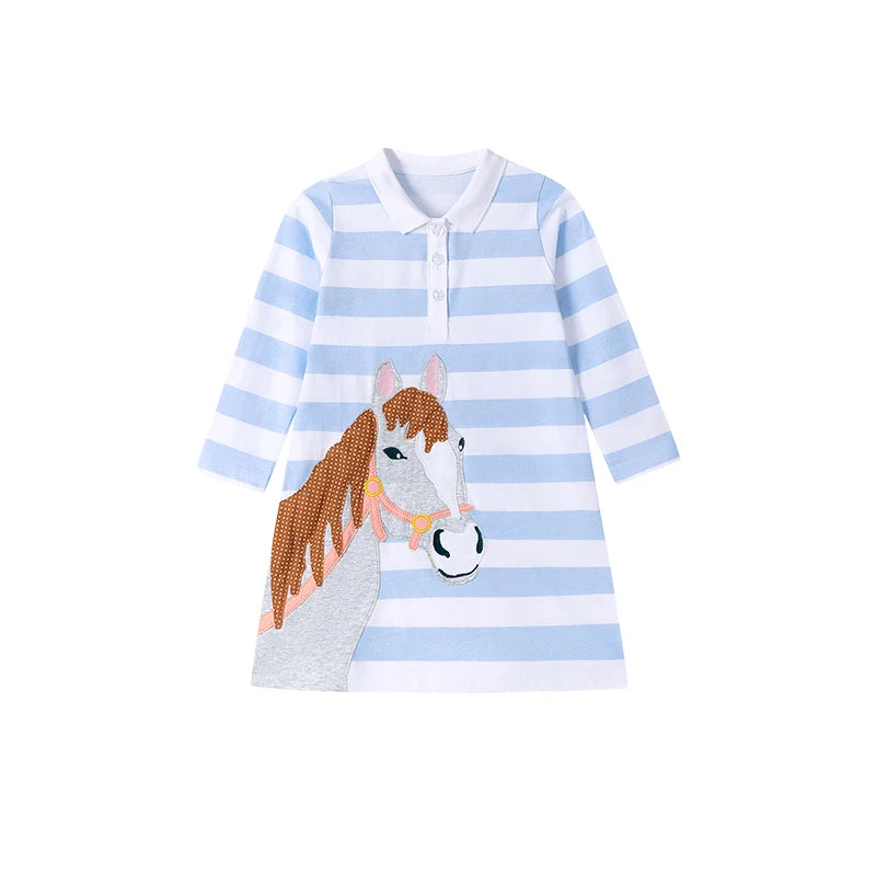 Little Girls Cartoon Unicorn Design Striped Polo Dress