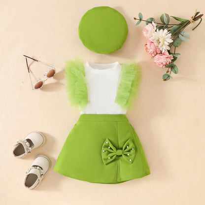 Baby Girls 3Pcs Cute Top+Bow Skirt+Beret Summer Outfit childrensterritory