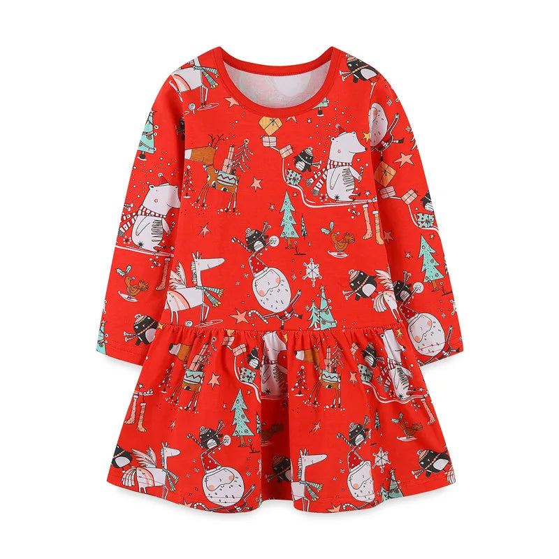 Kids Cartoon Printed Full Sleeves Christmas Red Frocks childrensterritory