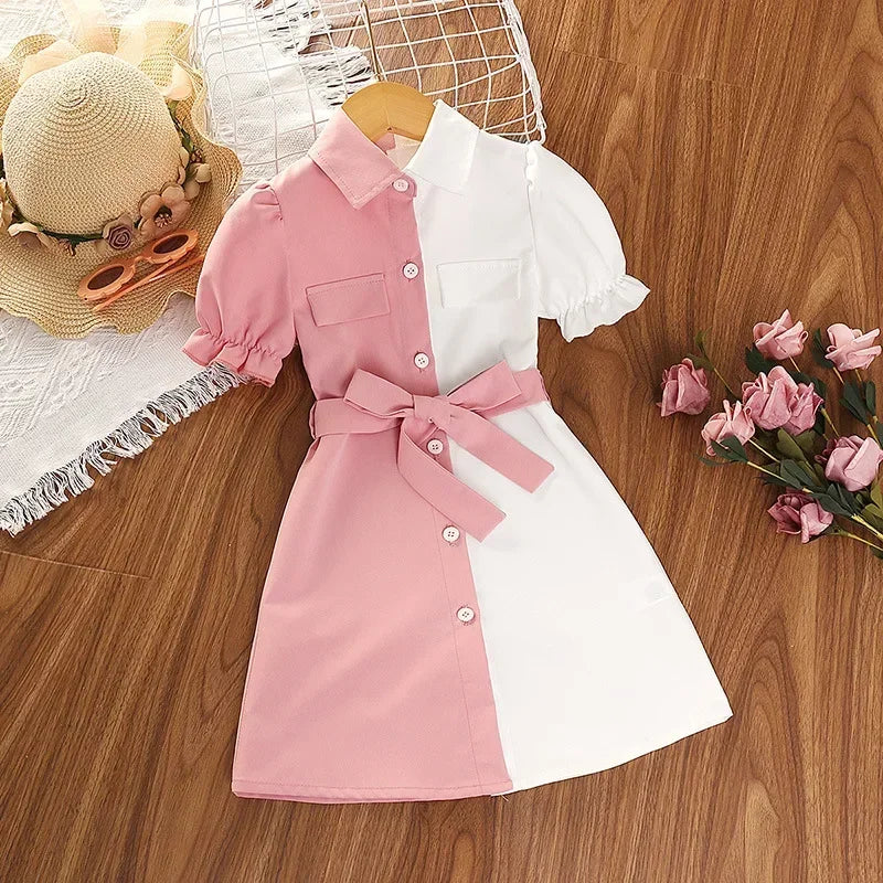 Lace-up A-line Patchwork Kids Girls Summer Dress