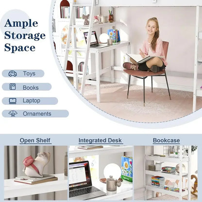 Stylish Kids Twin Loft Bed with Shelves, Desk, and Ladder
