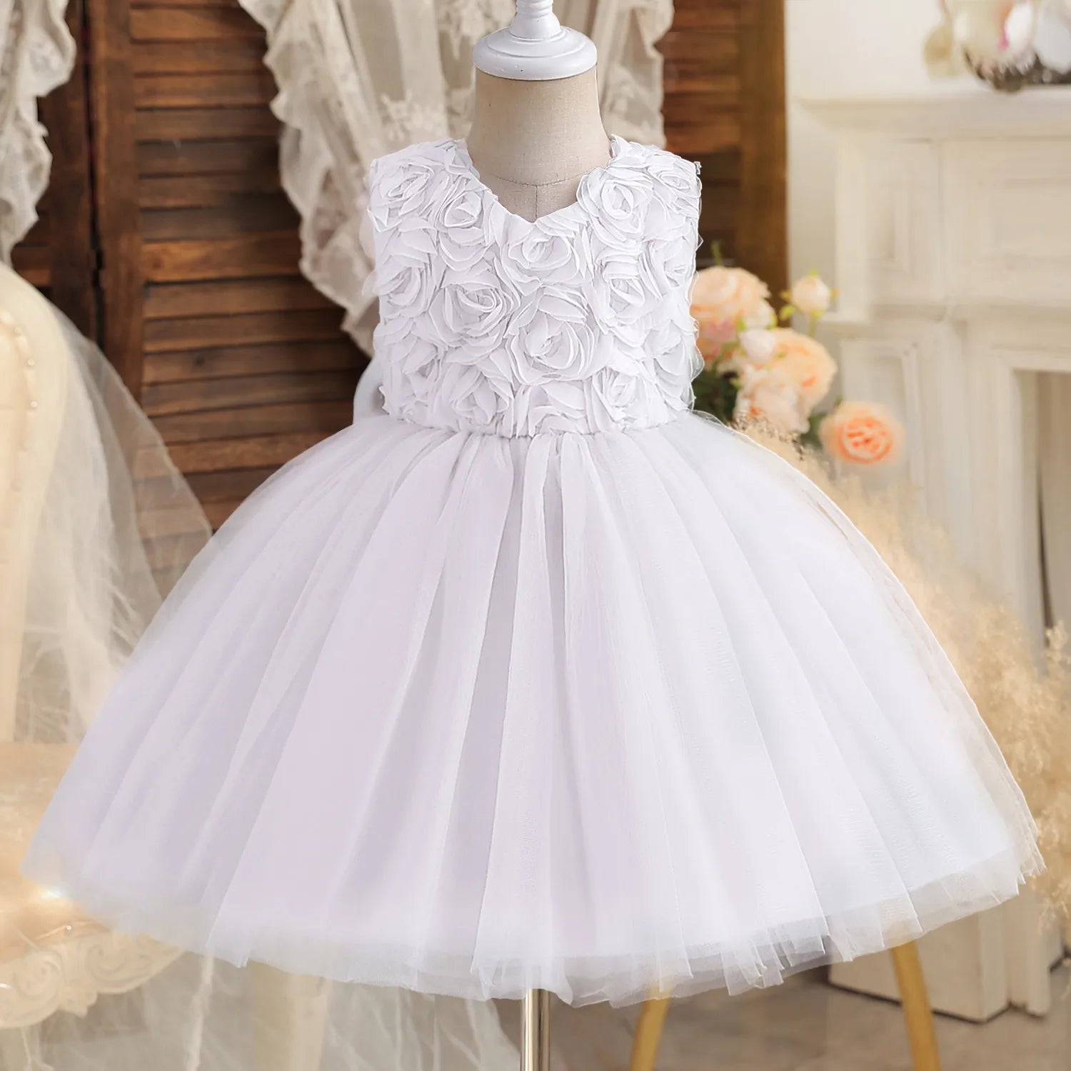 Little Girls Bow Lace Design White Baptism/Bridesmaid Dresses