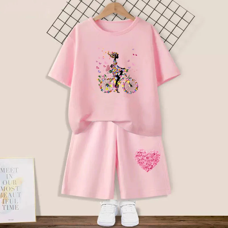Kids Girls Butterfly High Heel T-shirt +Shorts 2 Piece Tracksuits childrensterritory