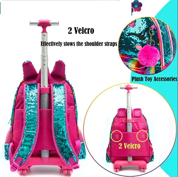 3 in 1 Sequin Design Kids Girls Rolling School Bag/Suitcase Set