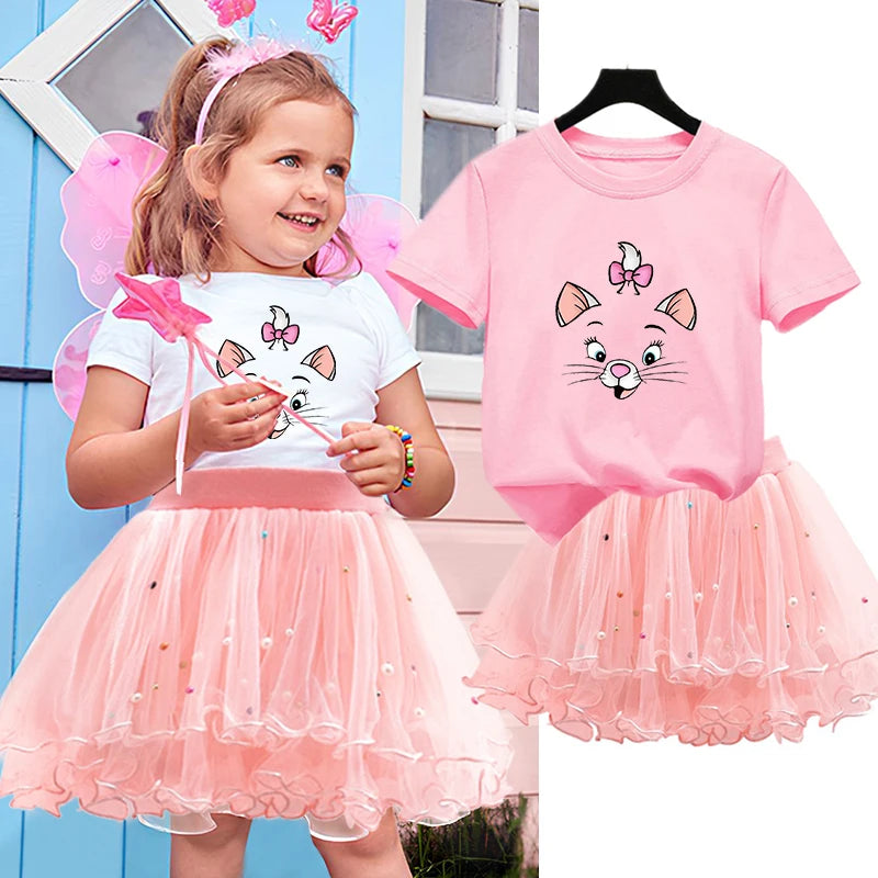 Kids Girls Marie Cat Design Summer T-shirt &amp; Tutu Skirt Set childrensterritory