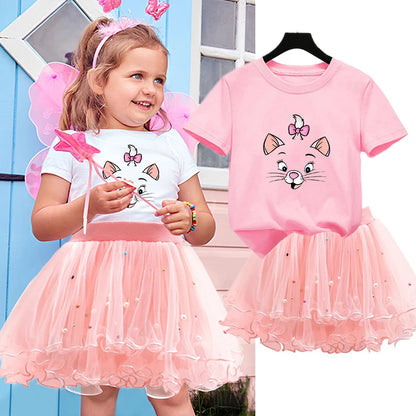 Kids Girls Marie Cat Design Summer T-shirt &amp; Tutu Skirt Set childrensterritory