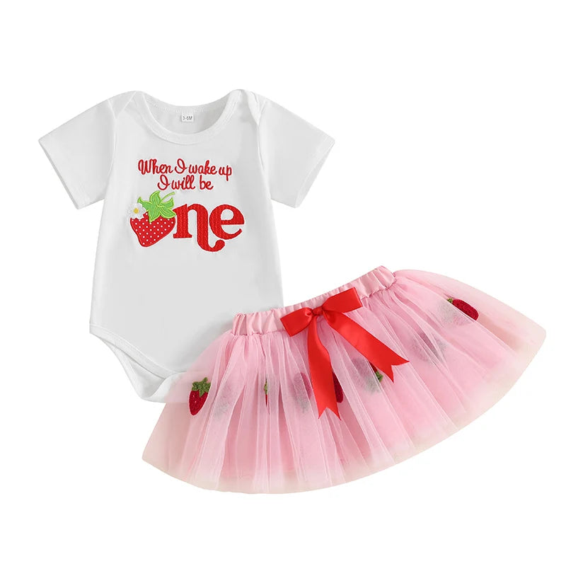 Baby Girl Strawberry Print Romper and Tulle Skirt 2 Pcs Set