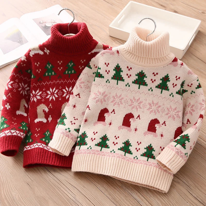 Kids' High Neck Christmas Design Winter Sweater