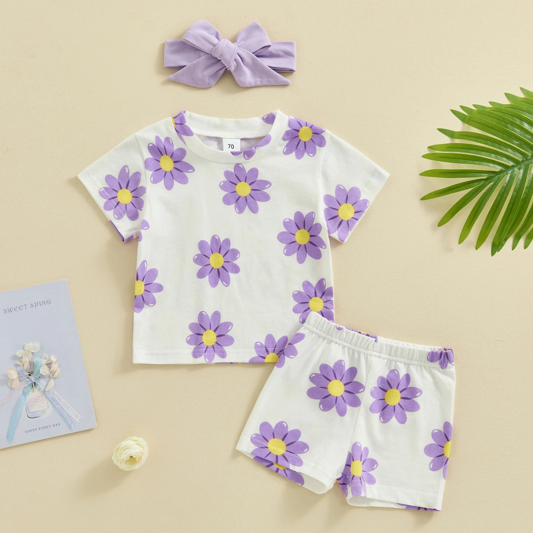 Flowers Print Baby Girls 3pcs Short Sleeve Tops Shorts Hairband Set childrensterritory