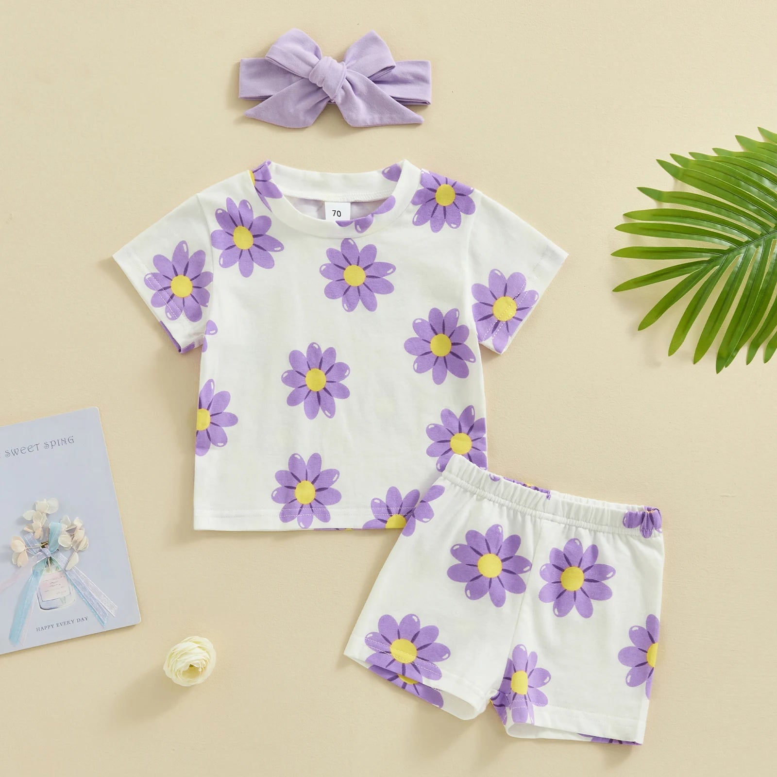 Flowers Print Baby Girls 3pcs Short Sleeve Tops Shorts Hairband Set childrensterritory