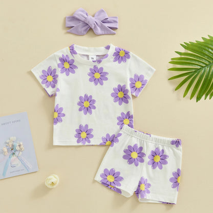 Flowers Print Baby Girls 3pcs Short Sleeve Tops Shorts Hairband Set childrensterritory