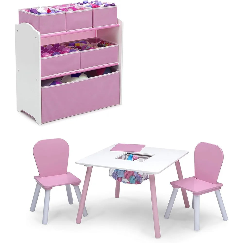 White and Pink Kids Table and Chair Set with Storage