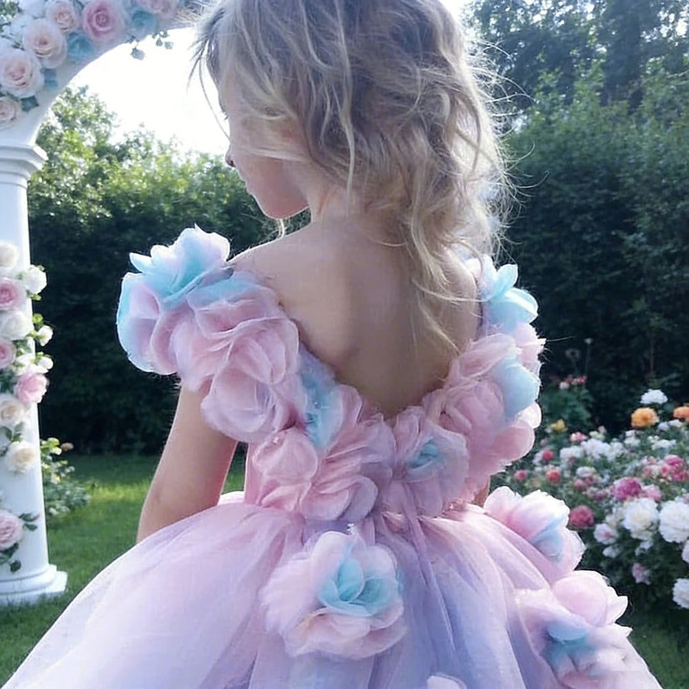 Backless Floral Long Train Girls Birthday Party Dresses