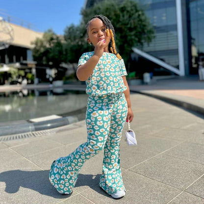 Kids Girls Daisy Green Tops + Flared Pant Boutique Outfits childrensterritory