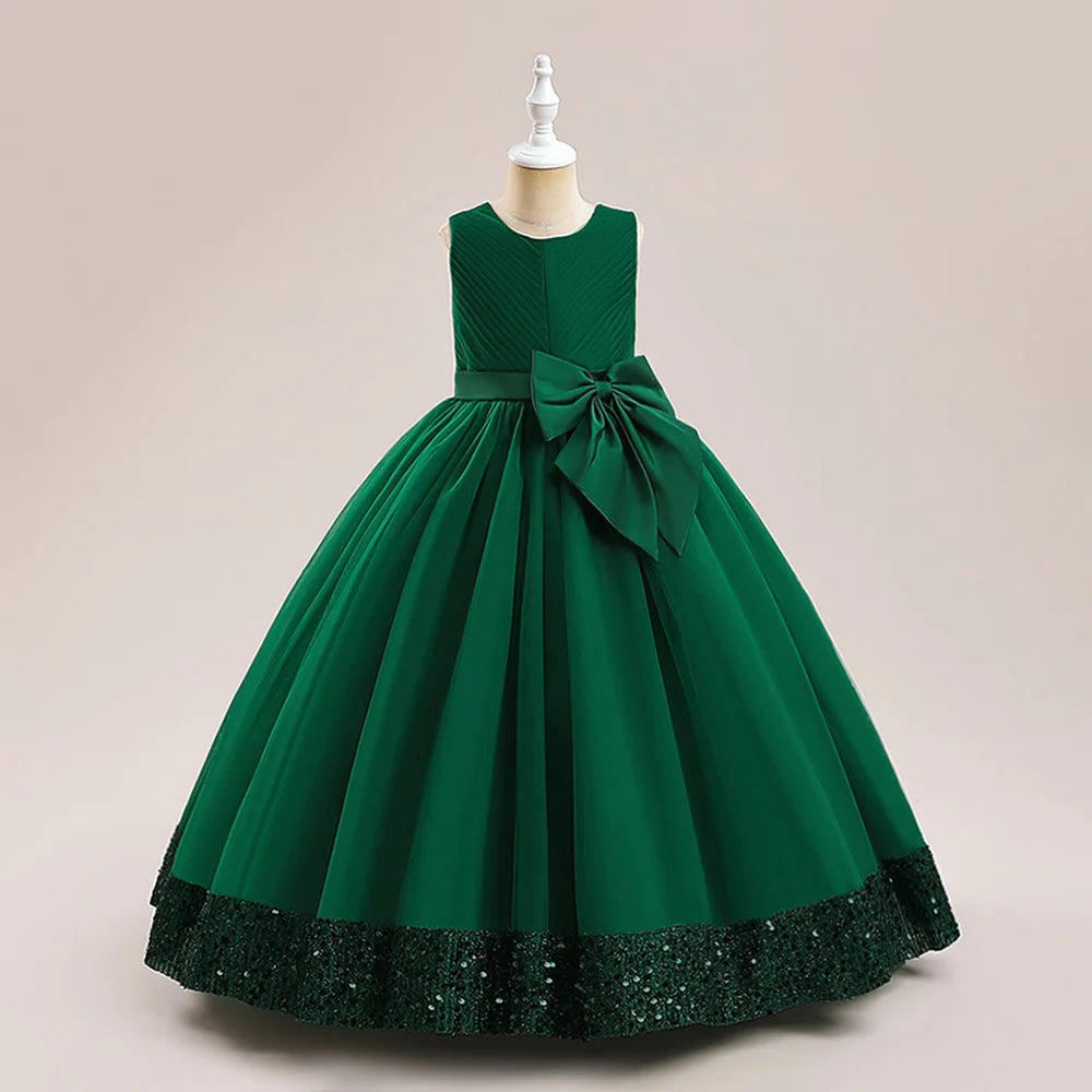 Solid Color Sequin Bow Design Kids Girls Formal Evening Vestidos childrensterritory