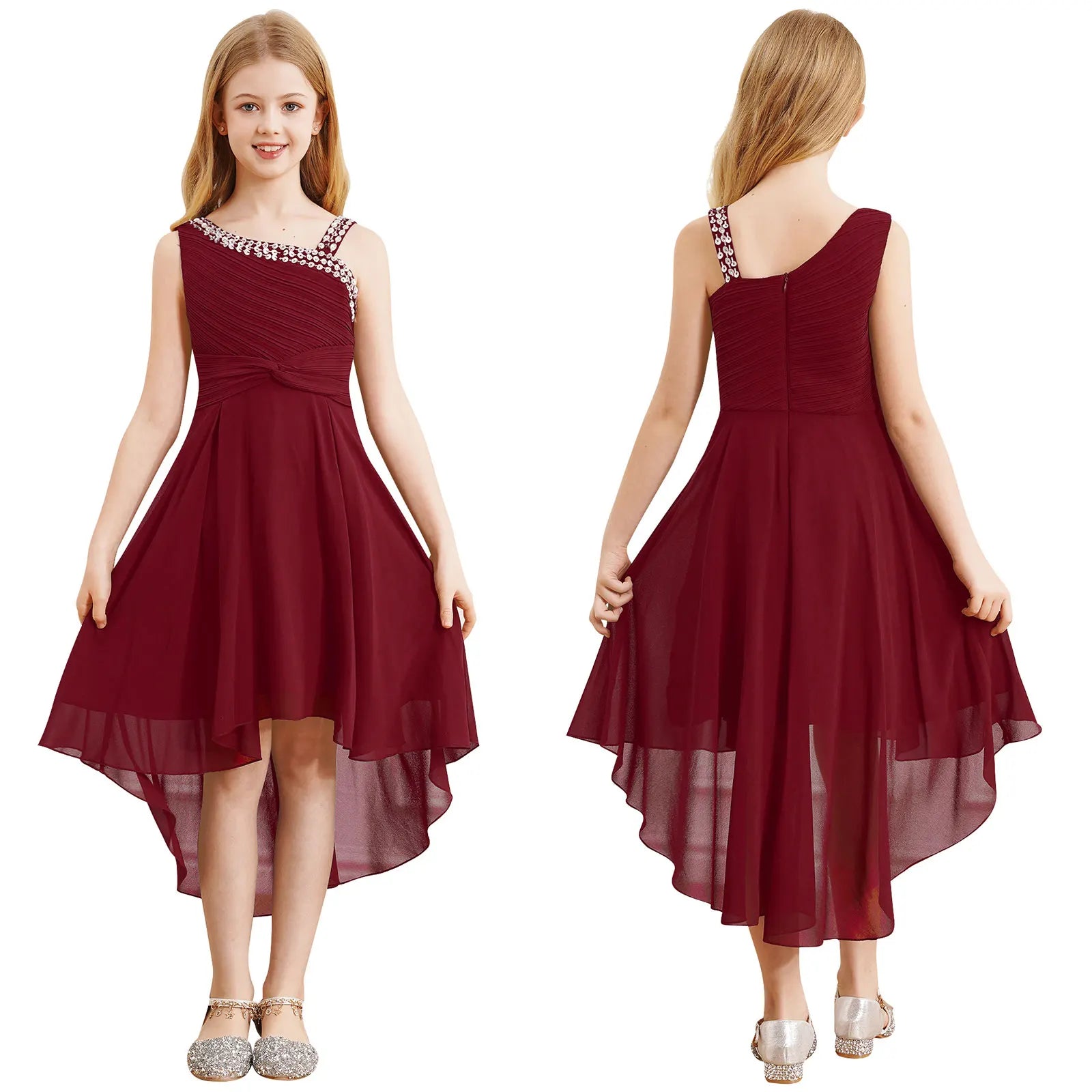 Kids Girls Ruched Twisted High-Low Summer Chiffon Dresses