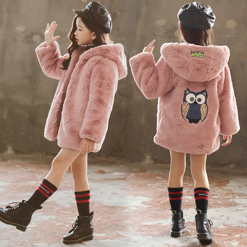 Faux Fur Long Sleeve Hooded Warm Long Coat For Girls childrensterritory