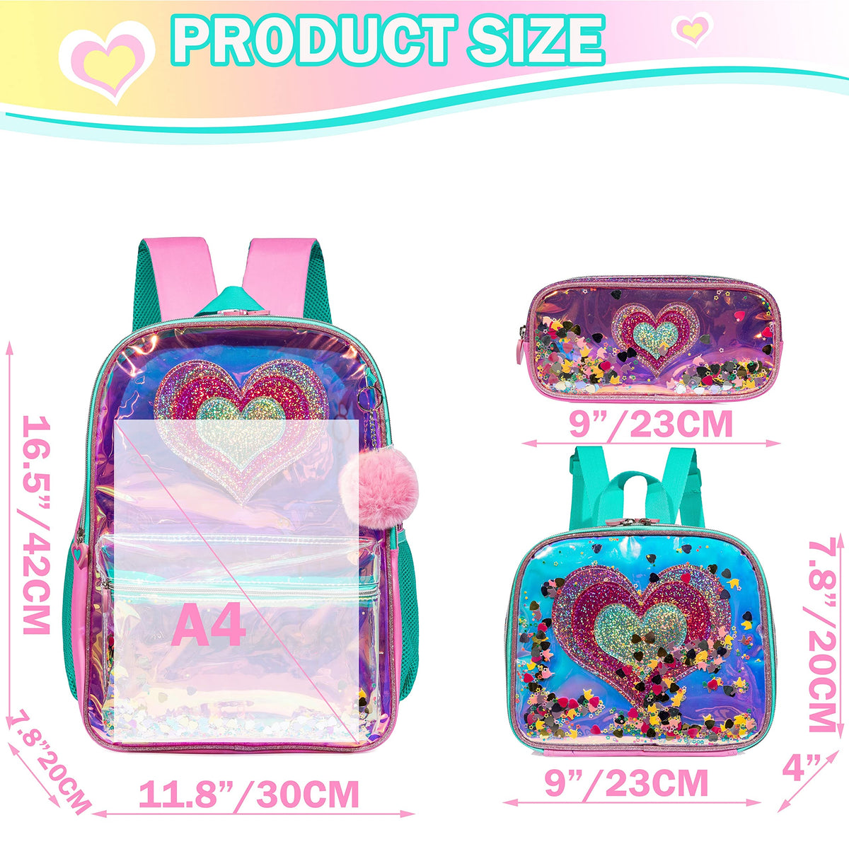 Sequin Heart and Star Design School Backpack Set for Girls childrensterritory