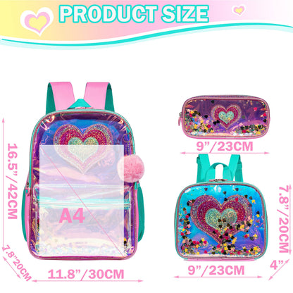Sequin Heart and Star Design School Backpack Set for Girls childrensterritory