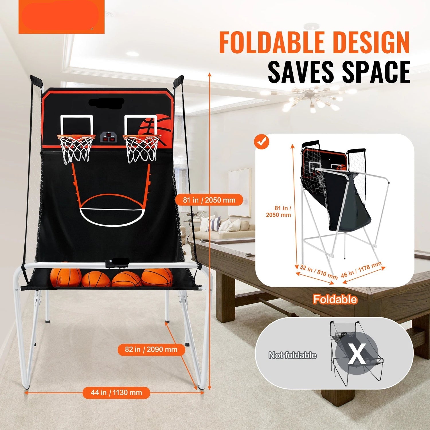 Kids Foldable Indoor Basketball Arcade Game w/ 4 Balls 8 Game Modes childrensterritory