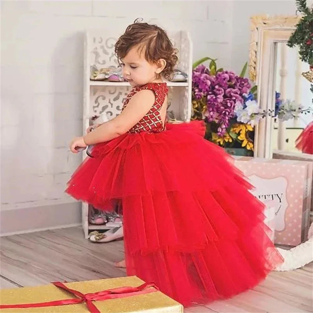 Tiered High-Low Puffy Girls Tulle Dress for Birthday Party