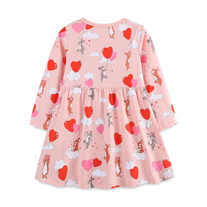 Cartoon Rabbits with Heart Balloons Design Girls Casual Dress childrensterritory
