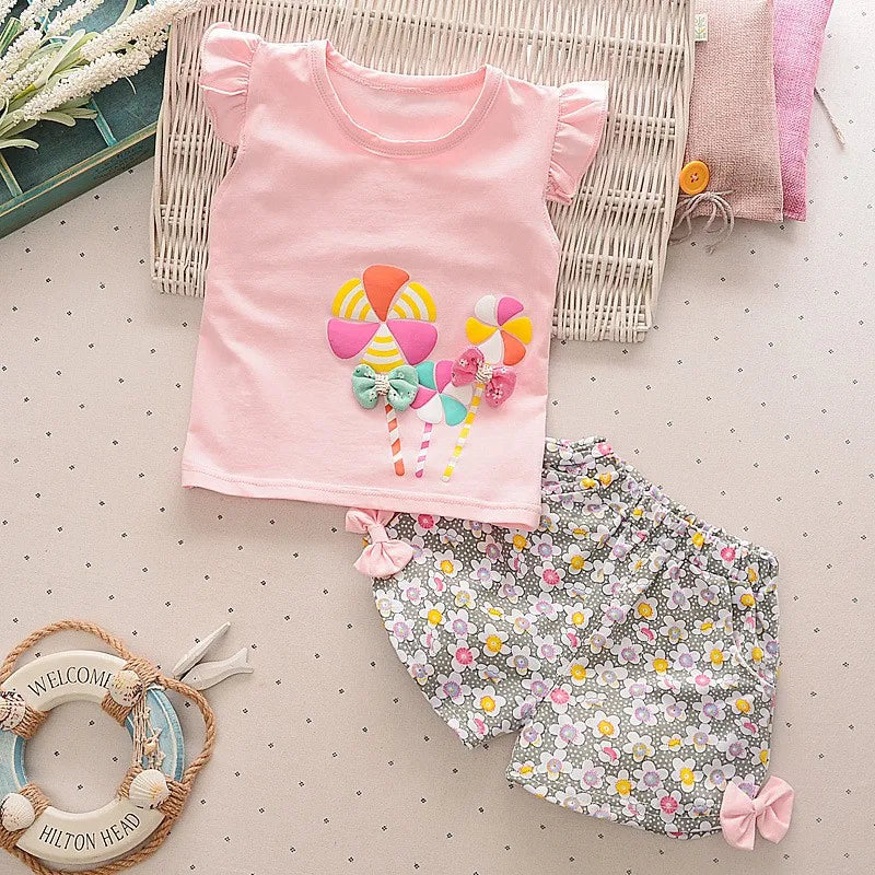 2PCS Baby Girl Summer Outfit: Floral Shorts + Windmill Printed Top childrensterritory
