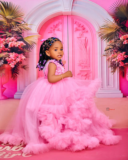 Fluffy, Floor-Length, Layered Pink Princess Ball Gown for Girls