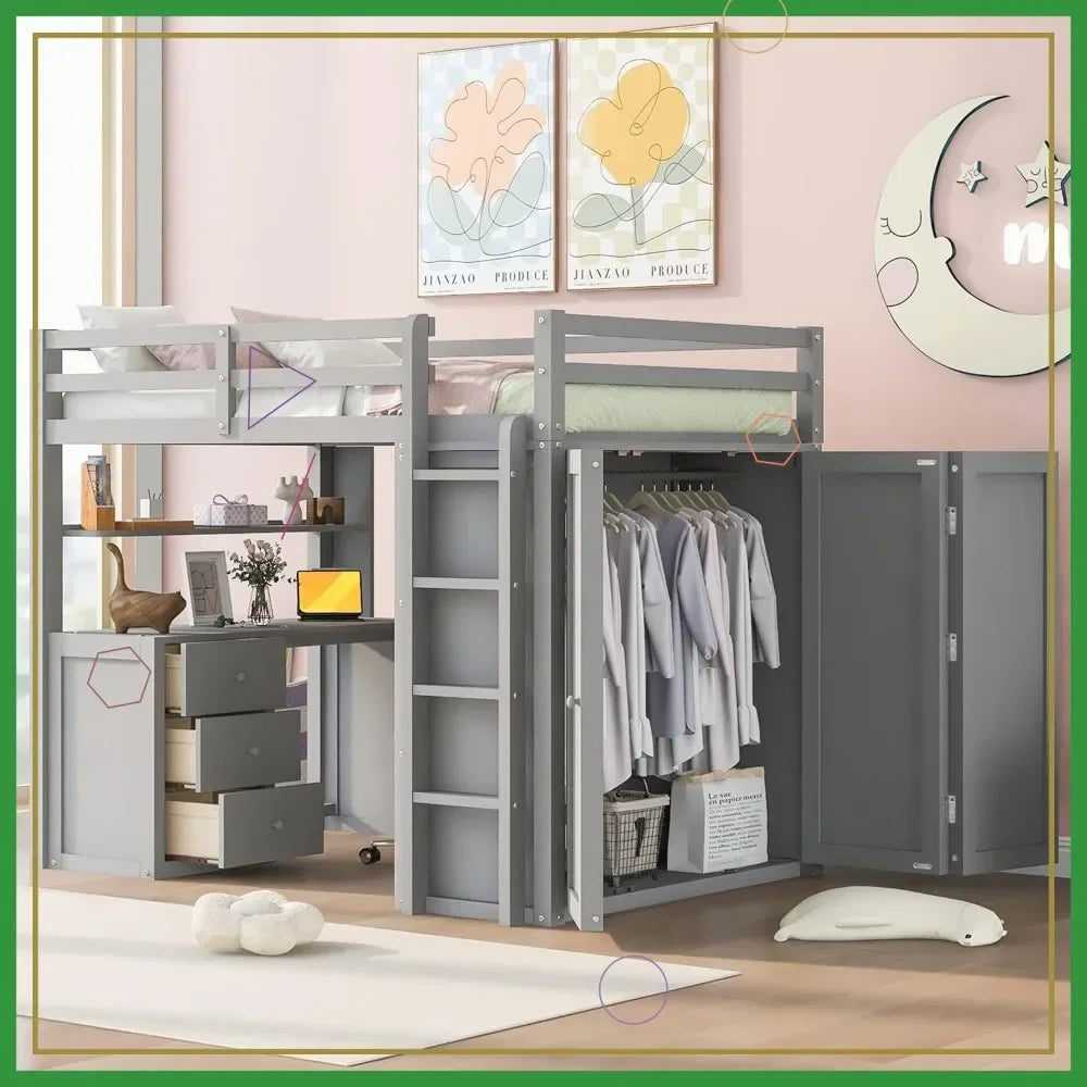 Designer Kids Loft Bed Frame With Storage Drawers