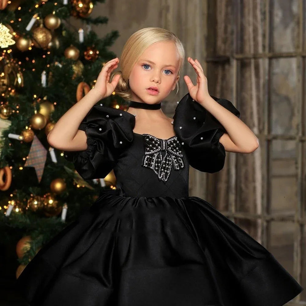 Pearls Designed Boat Neck Little Girls Party Dress