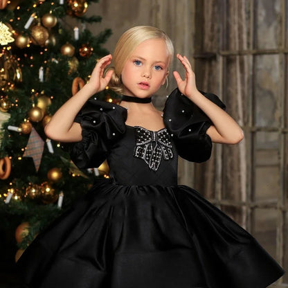 Pearls Designed Boat Neck Little Girls Party Dress