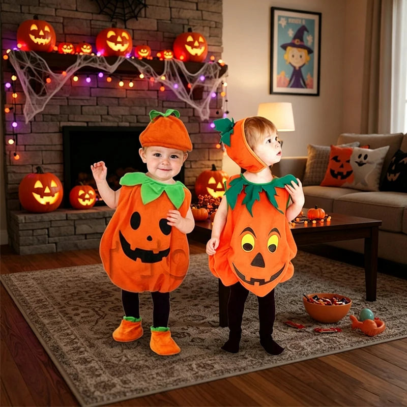 Kids Girls Fancy Cosplay Dresses for Halloween with Pumpkin Bag