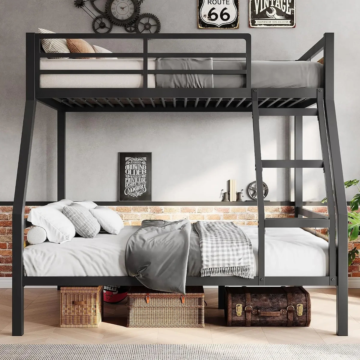 Sturdy Metal Frame Bunk Bed with Slats and Side Rails