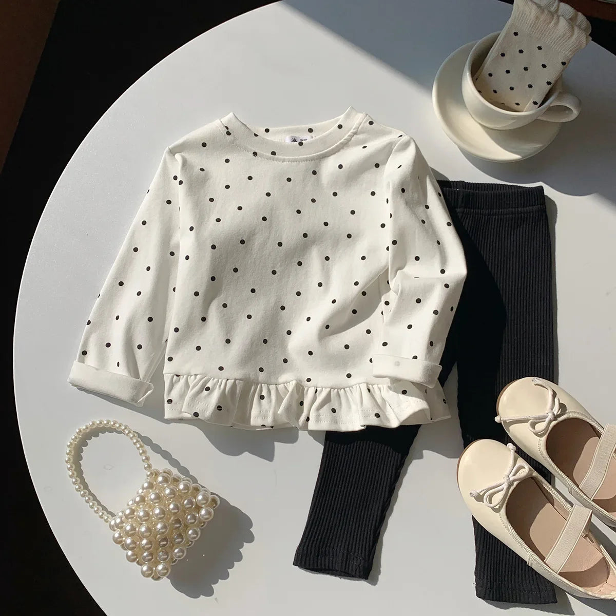 Little Girls Stylish Print Tops with Pant Outfit Set for Autumn