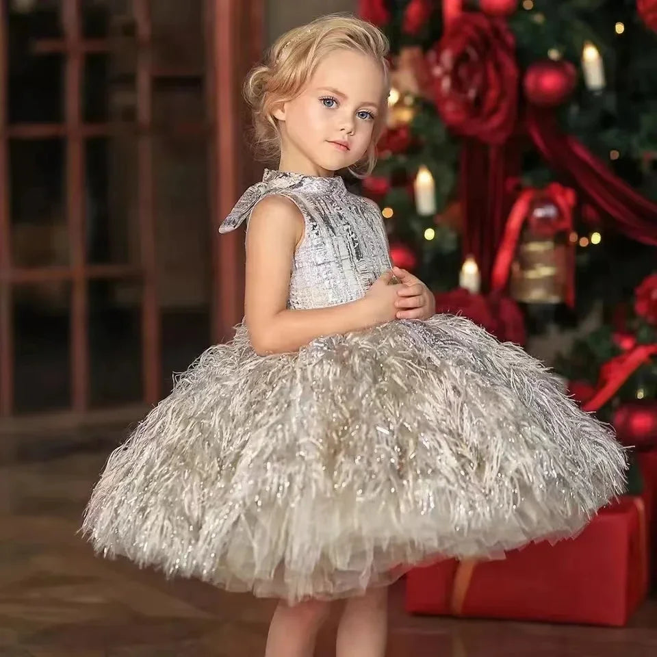 Girls Fluffy Feather &amp; O Neck Sleeveless Ball Gown/Party Dress