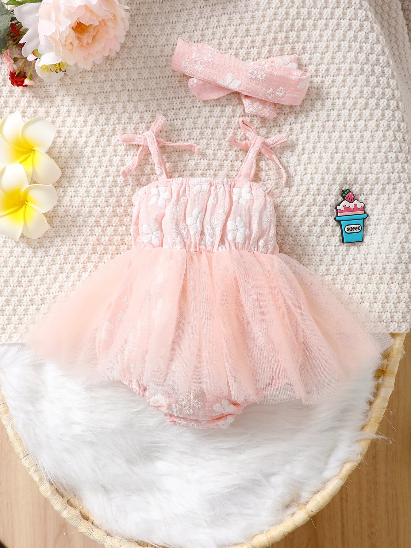 Baby Girl Pink Tulle Romper Dress with Headband