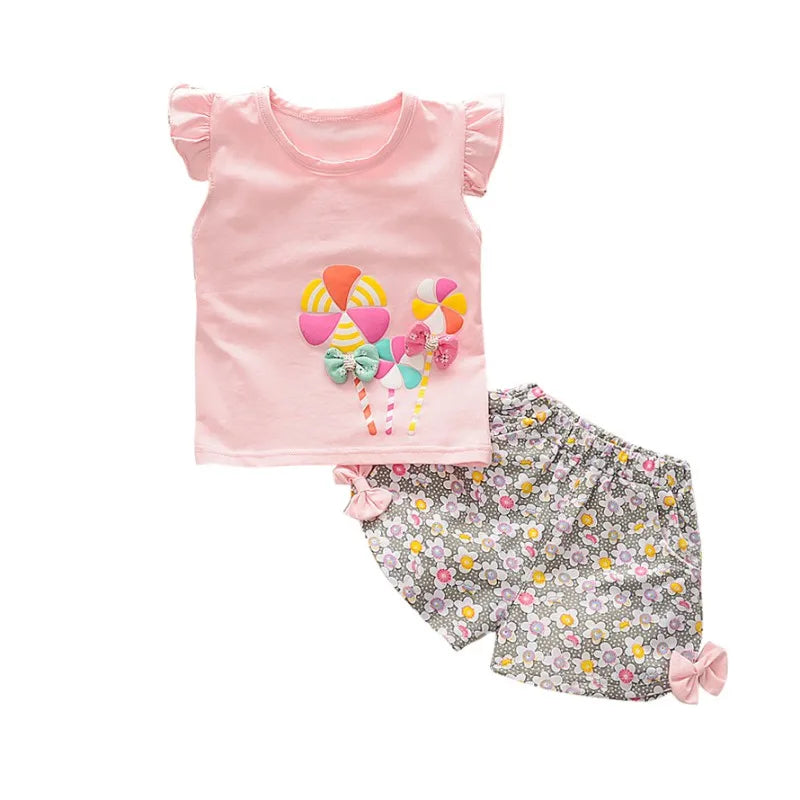 2PCS Baby Girl Summer Outfit: Floral Shorts + Windmill Printed Top childrensterritory