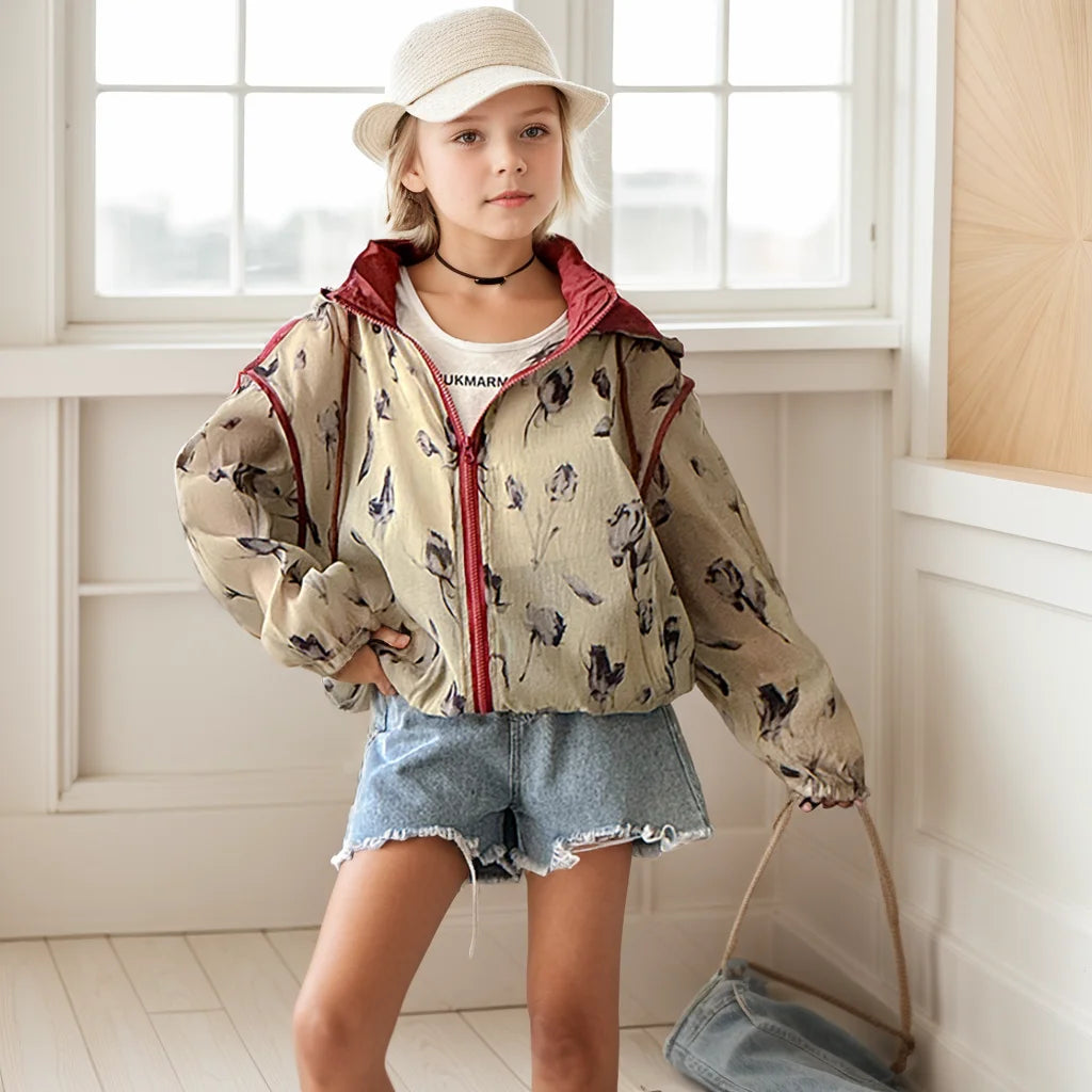 Young Girls Floral Pattern Hooded Jacket for All Season childrensterritory